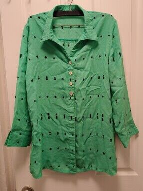 Fridaze Green Button-Front Women’s Shirt 100% Linen ARTSY lightweight Flowy